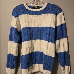 Polo Ralph Lauren Blue and White Cable Knit Crewneck Sweater Size L